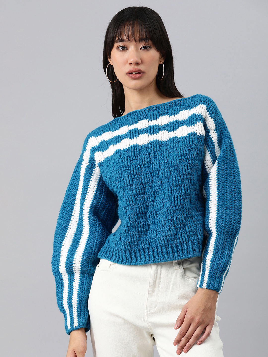 

Magic Needles Women Striped Boat Neck Acrylic Pullover, Blue