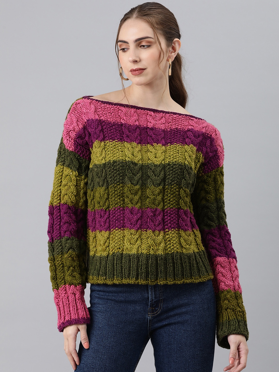 

Magic Needles Women Self Design Striped Acrylic Pullover, Multi