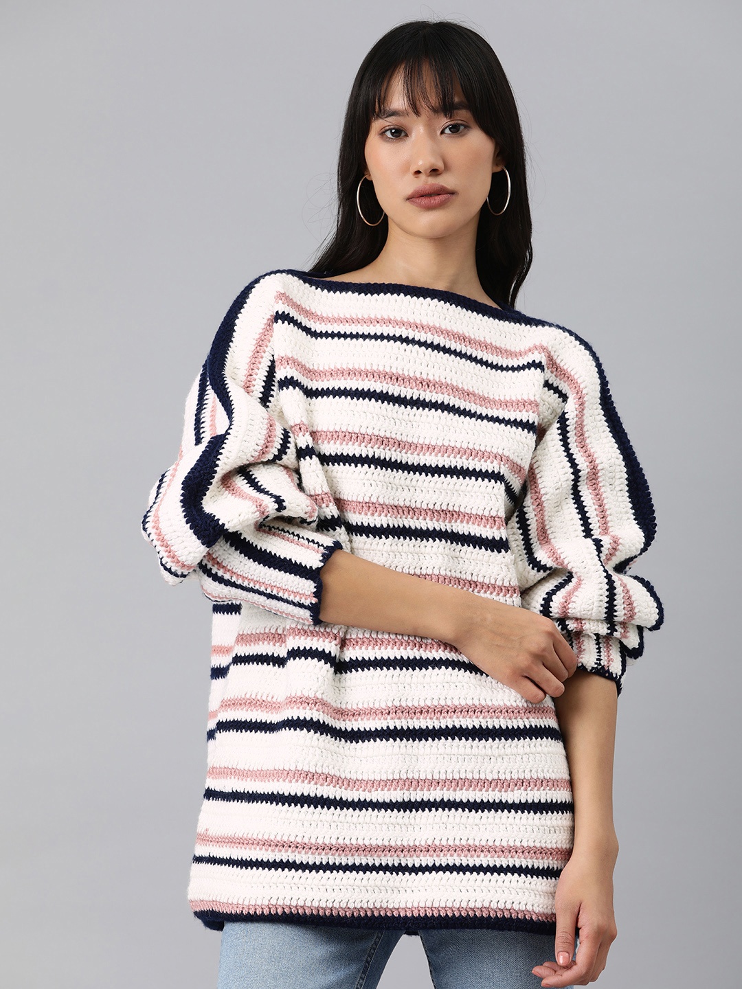 

Magic Needles Women Striped Boat Neck Acrylic Longline Pullover, White