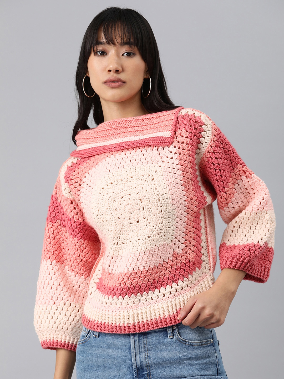 

Magic Needles Women Geometric Self Design Acrylic Pullover, Pink