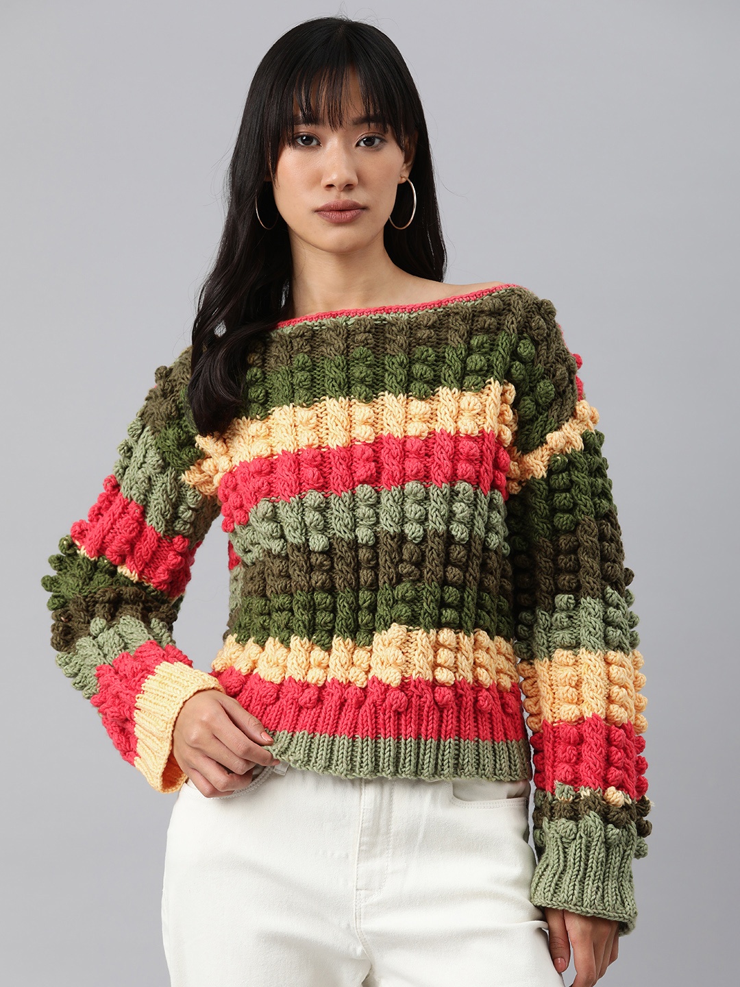 

Magic Needles Women Striped Boat Neck Acrylic Pullover, Multi