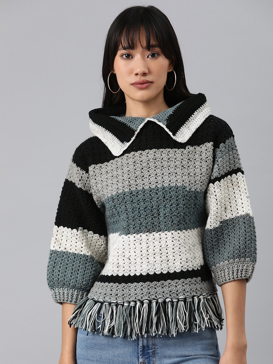 

Magic Needles Self Design Striped Peter Pan Collar Acrylic Pullover, Grey