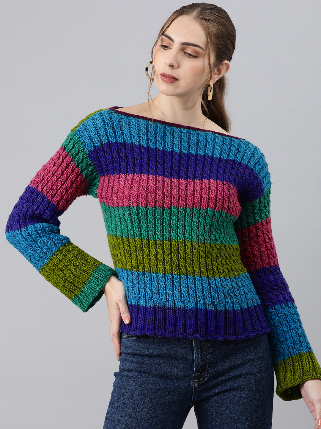 

Magic Needles Women Striped Boat Neck Acrylic Pullover, Multi