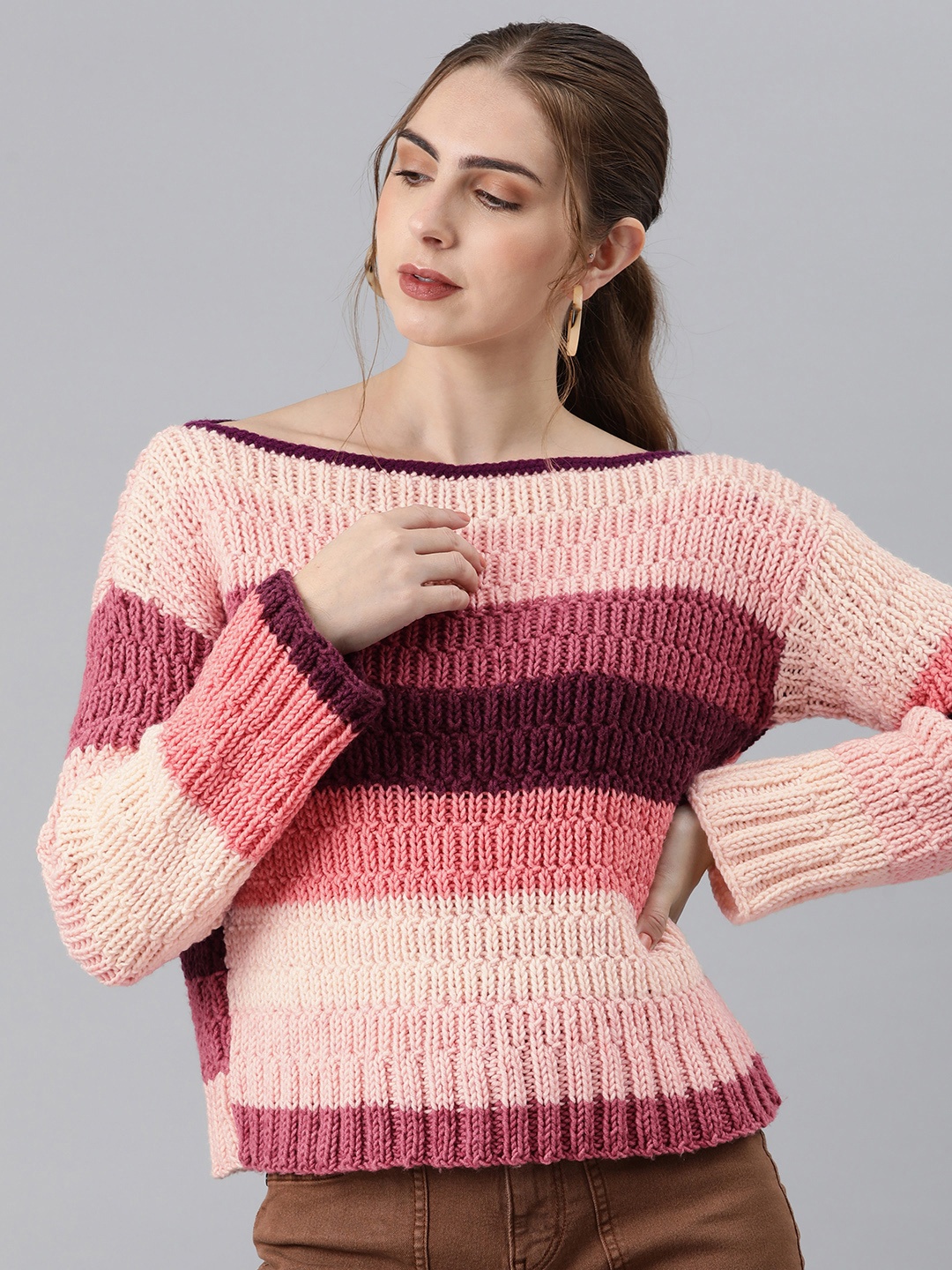 Magic Needles Women Self Design Striped Acrylic Pullover, Pink
