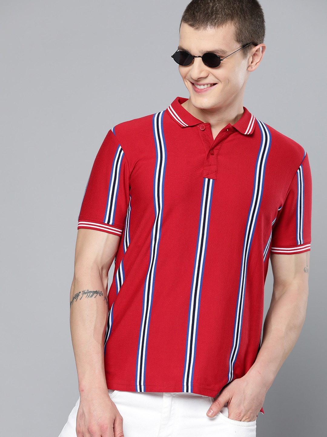 

HERE&NOW Men Striped Polo Collar T-shirt, Red