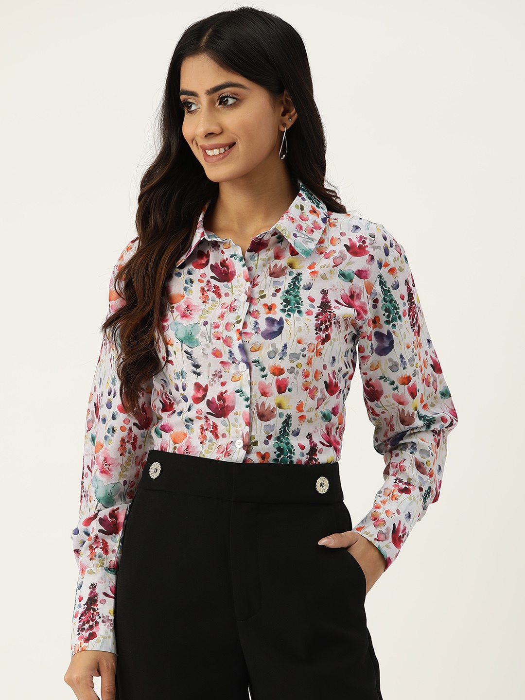 

SAKIA Pure Cotton Floral Printed Casual Shirt, Cream