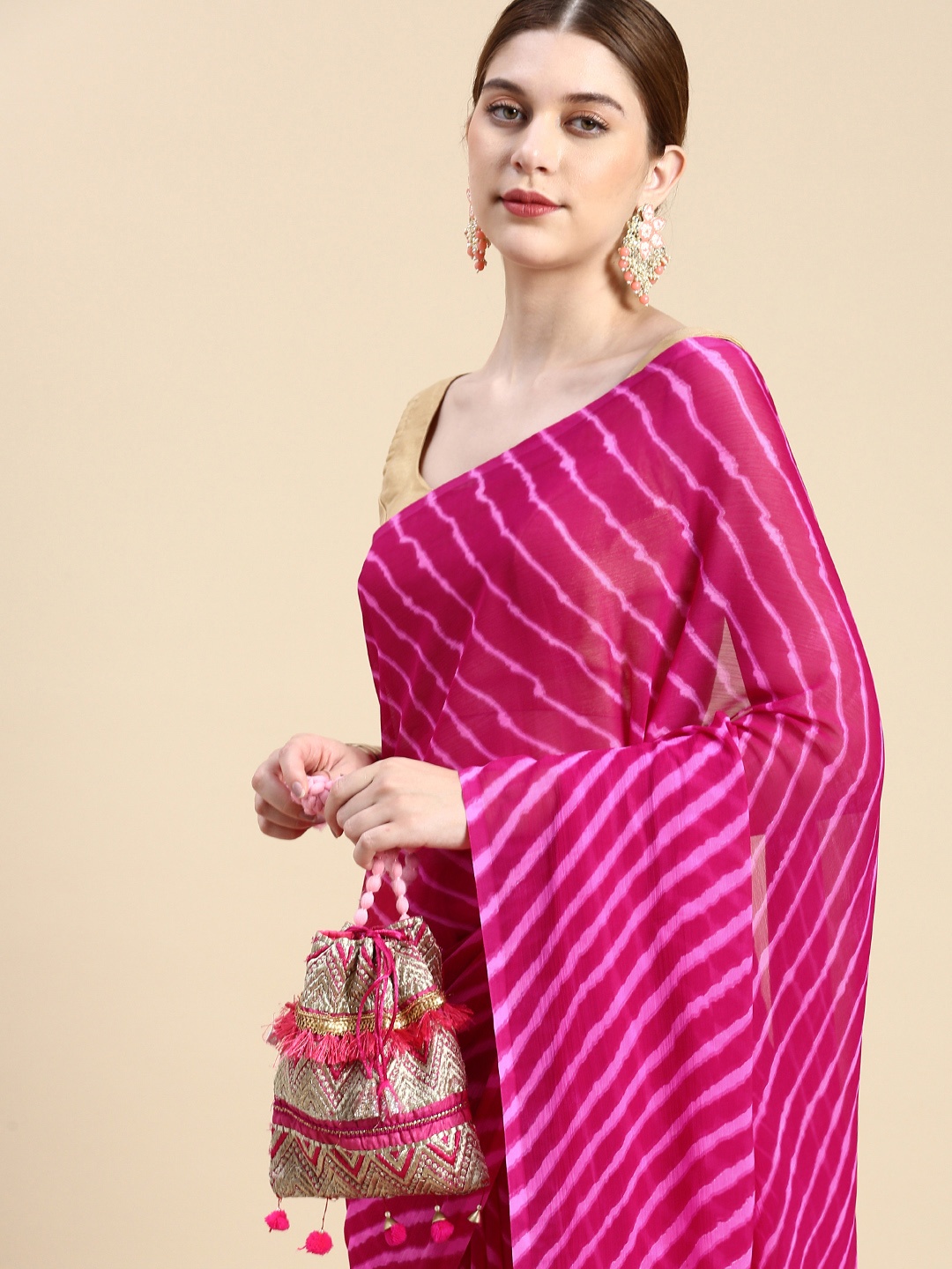 

Rani Saahiba Leheriya Printed Poly Chiffon Saree, Pink