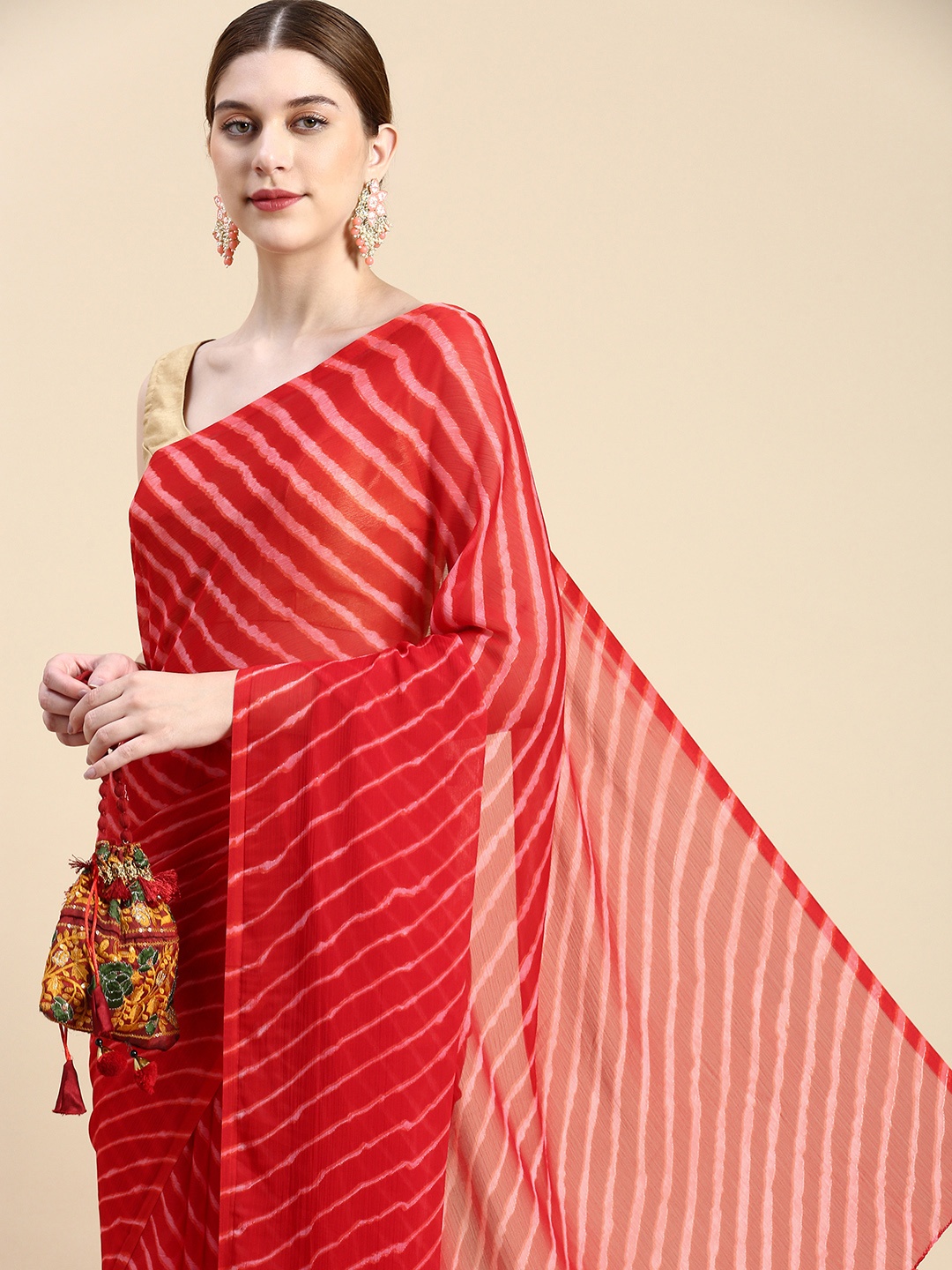 

Rani Saahiba Leheriya Printed Poly Chiffon Saree, Red