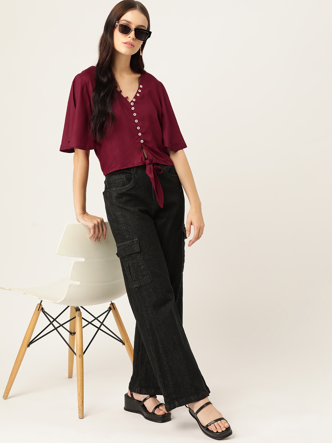 

Harvard Solid Flared Sleeve Shirt Style Top, Maroon