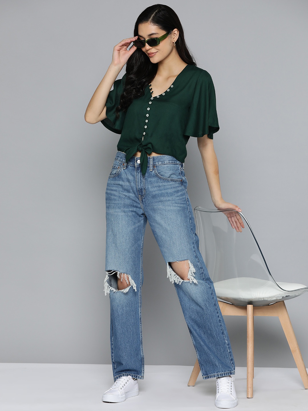 

Harvard Flared Sleeves Crop Top with Tie-Up Detail, Green