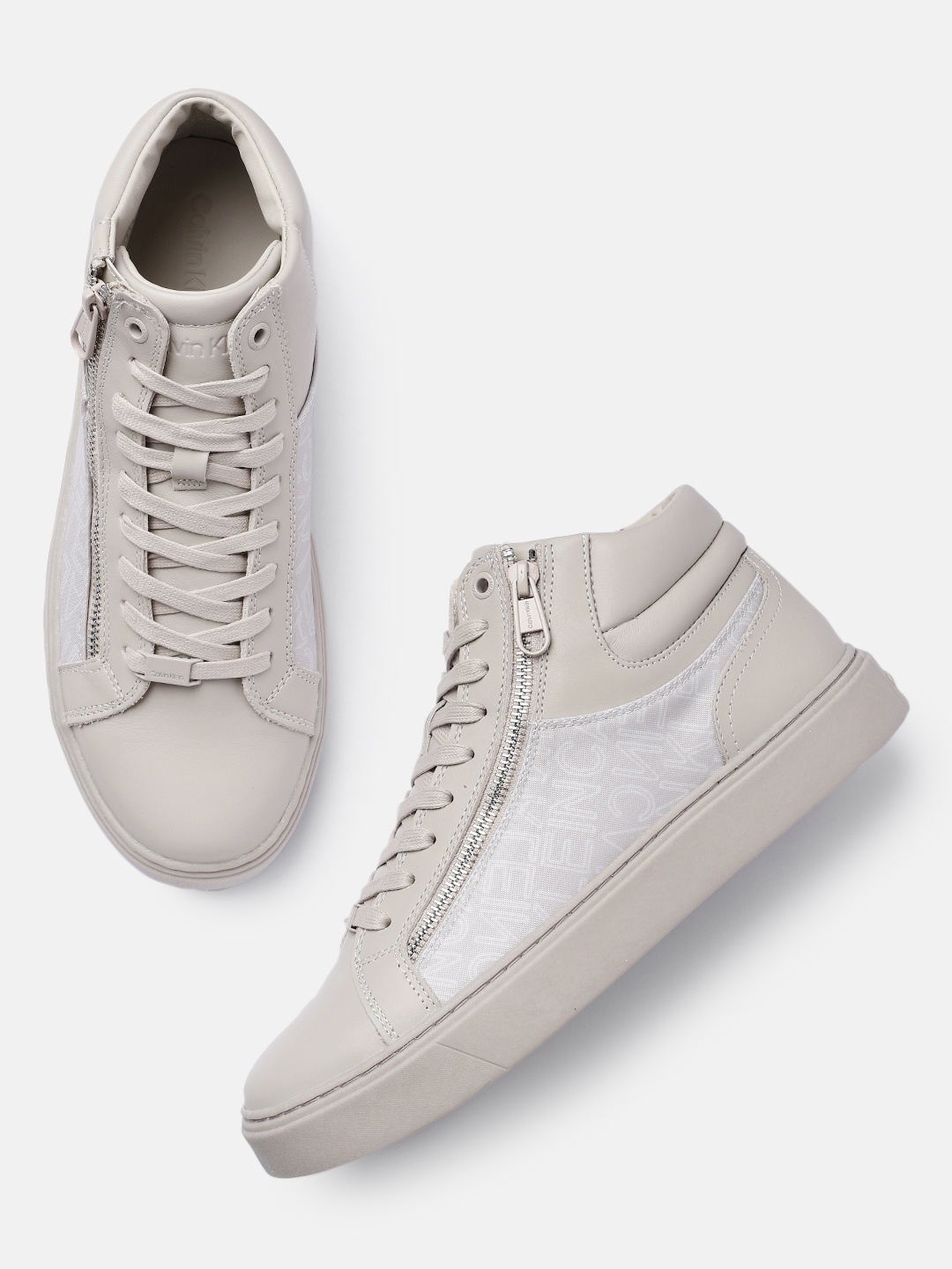 

Calvin Klein Men Printed Leather Mid-Top Sneakers, Beige