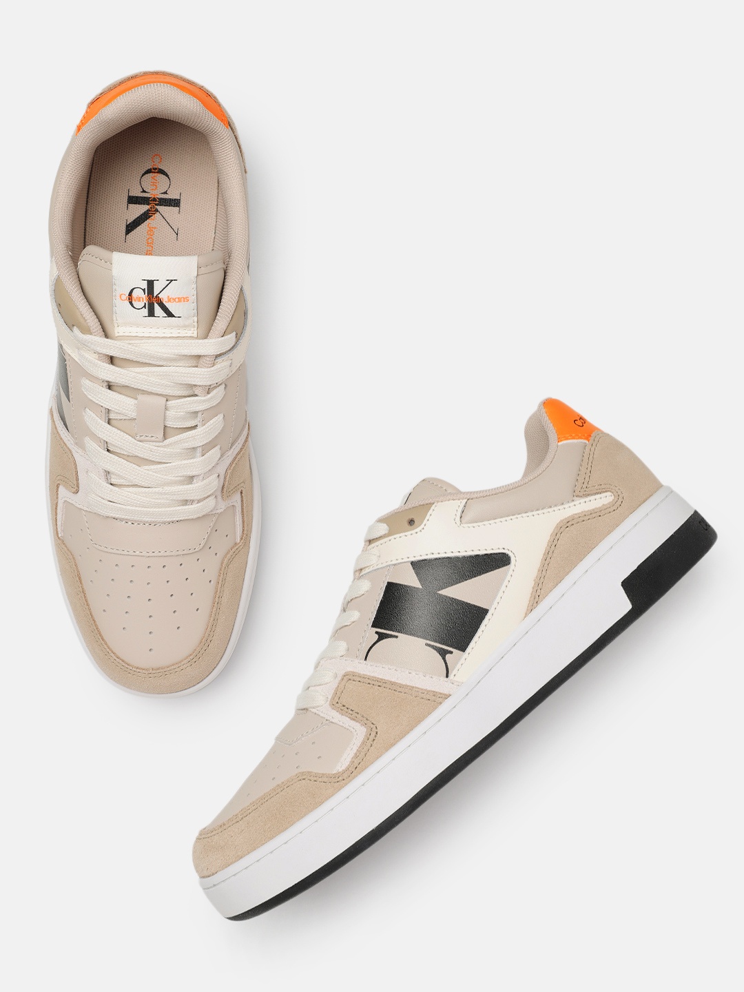 

Calvin Klein Men Basket Cupsole Laceup Mix Lth Perforated Suede Sneakers, Beige