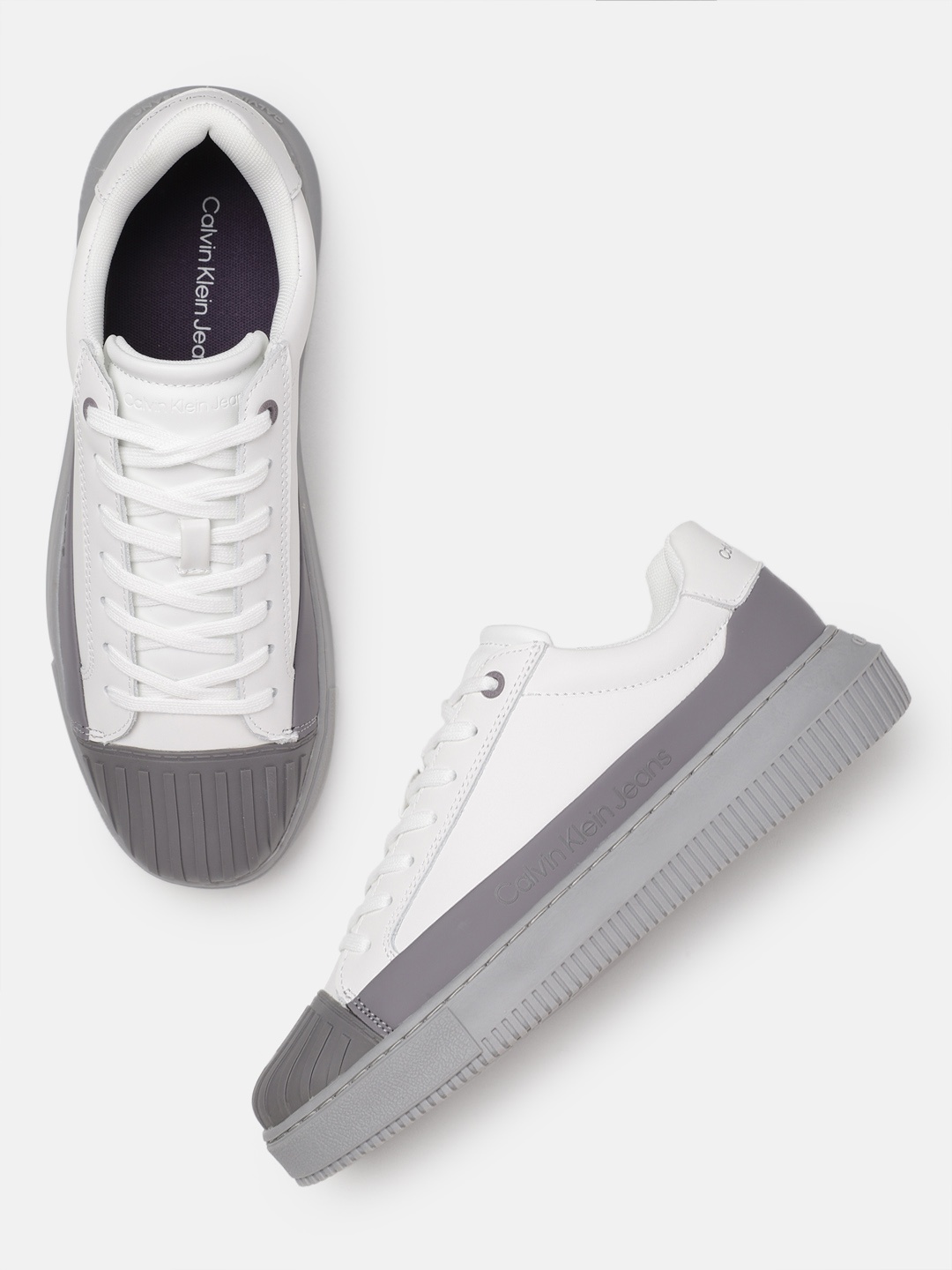 

Calvin Klein Men Chunky Cupsole Laceup Mix Lth Rub Colourblocked Leather Sneakers, White