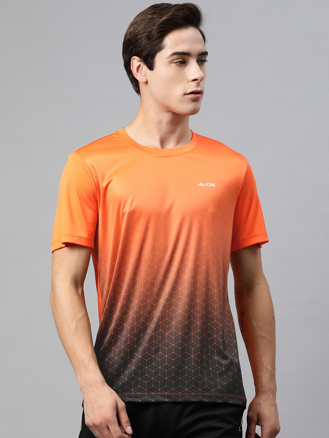 

Alcis Men Geometric Printed Anti Static Slim Fit Sports T-shirt, Orange
