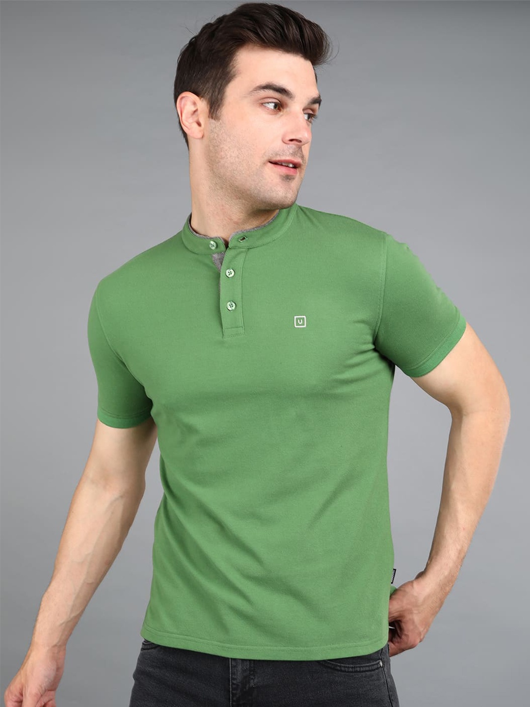 

Urbano Fashion Mandarin Collar Slim Fit Cotton T-shirt, Green