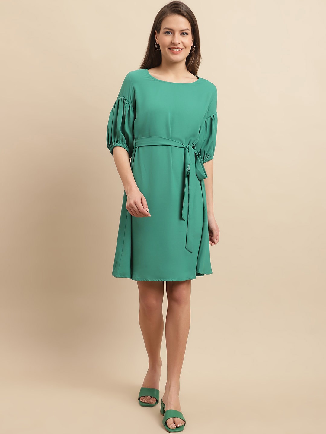 

Just Wow Puff Sleeves Belted Crepe A-Line Dress, Green