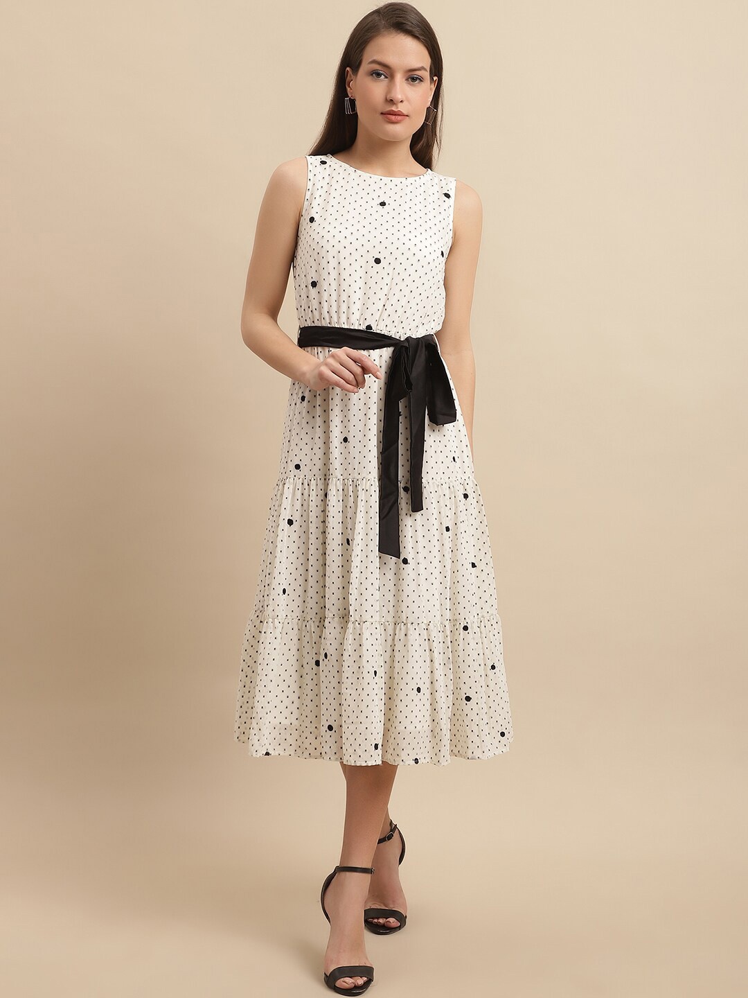 

Just Wow Geoemetric Print Georgette Fit & Flare Midi Dress, White