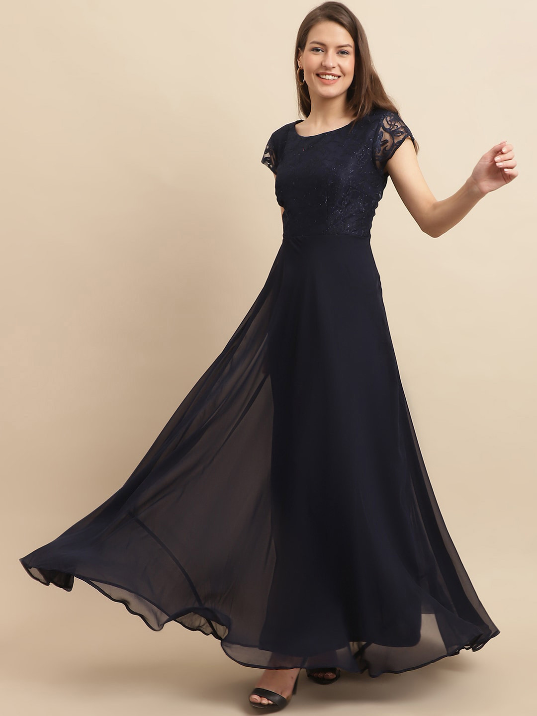 

Just Wow Self-Design Georgette Maxi Dress, Navy blue