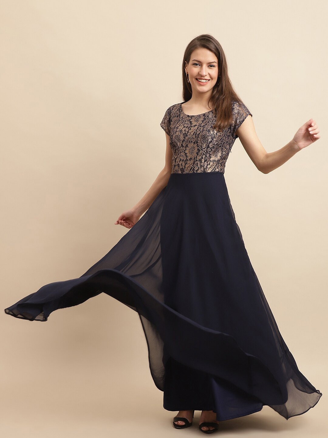 

Just Wow Self-Design Georgette Maxi Dress, Navy blue