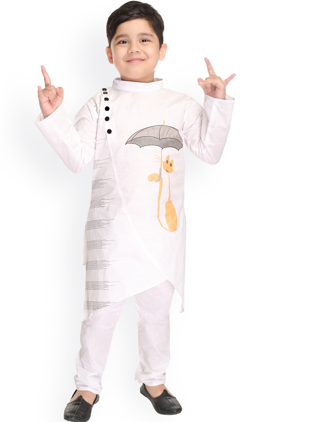 

BAESD Boys Quirky Printed Pure Cotton Kurta With Churidar, White