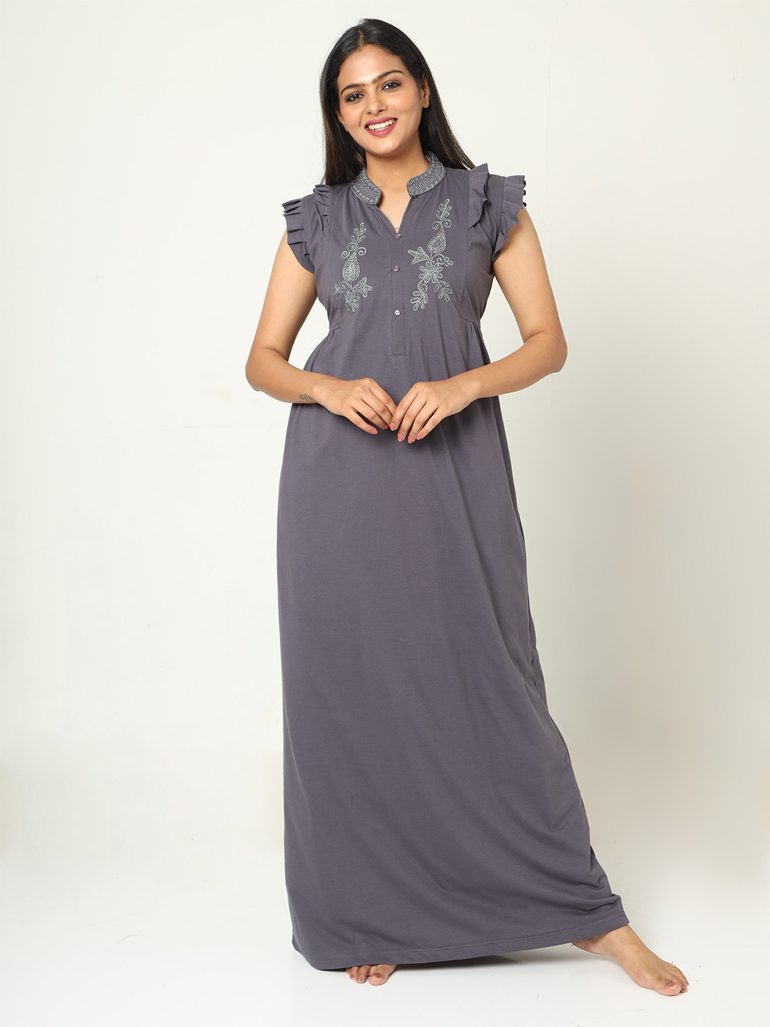 

9shines Label Embroidered Mandarin Collar Maxi Nightdress, Grey