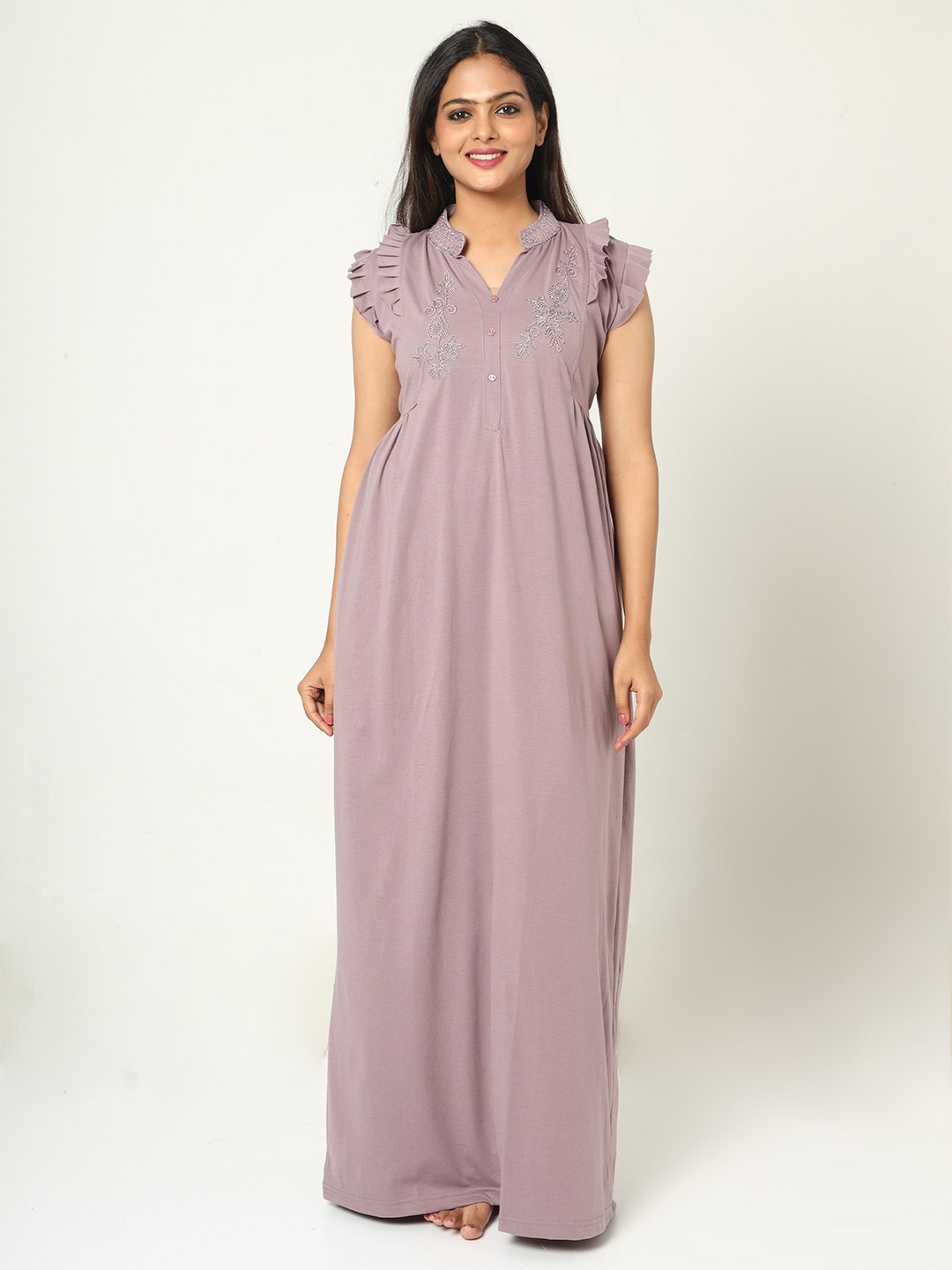 

9shines Label Embroidered Mandarin Collar Maxi Nightdress, Purple