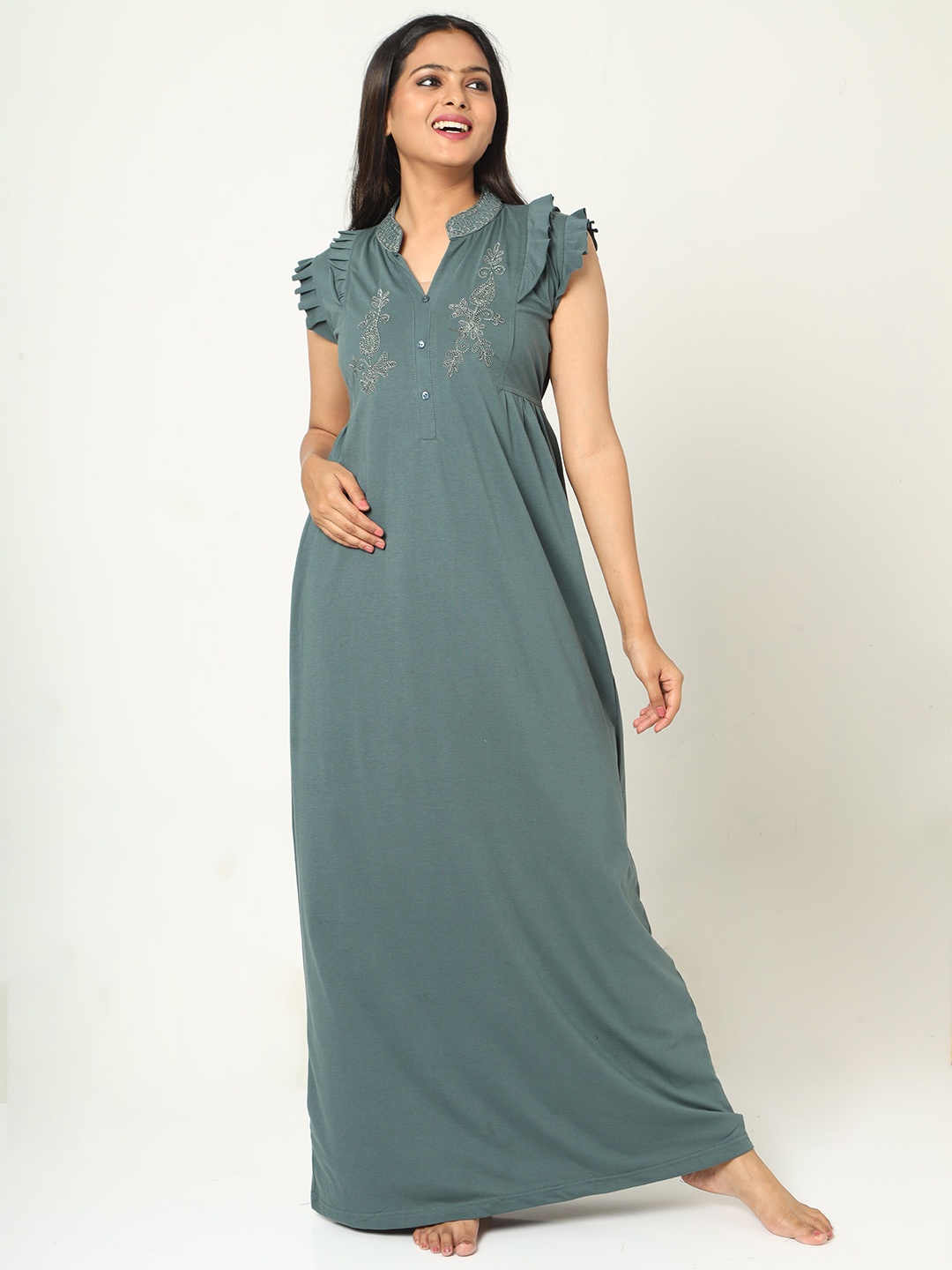 

9shines Label Embroidered Mandarin Collar Maxi Nightdress, Green