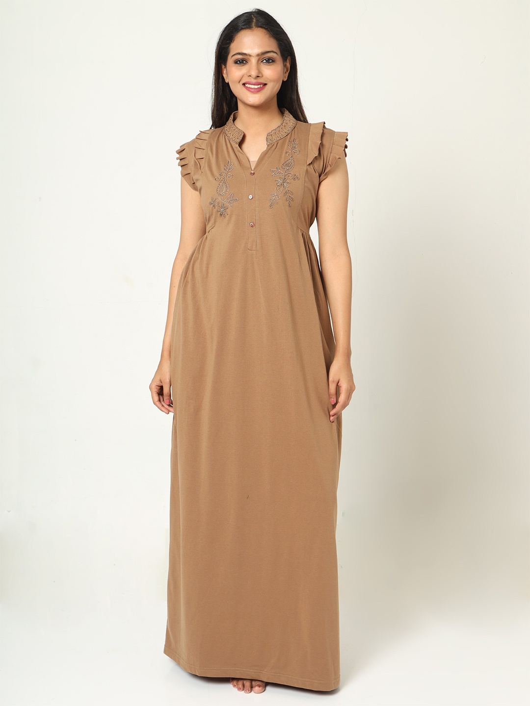 

9shines Label Embroidered Mandarin Collar Maxi Nightdress, Coffee brown