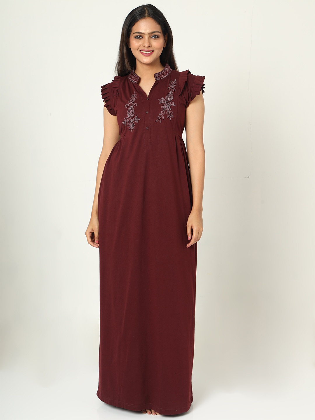 

9shines Label Embroidered Mandarin Collar Maxi Nightdress, Maroon