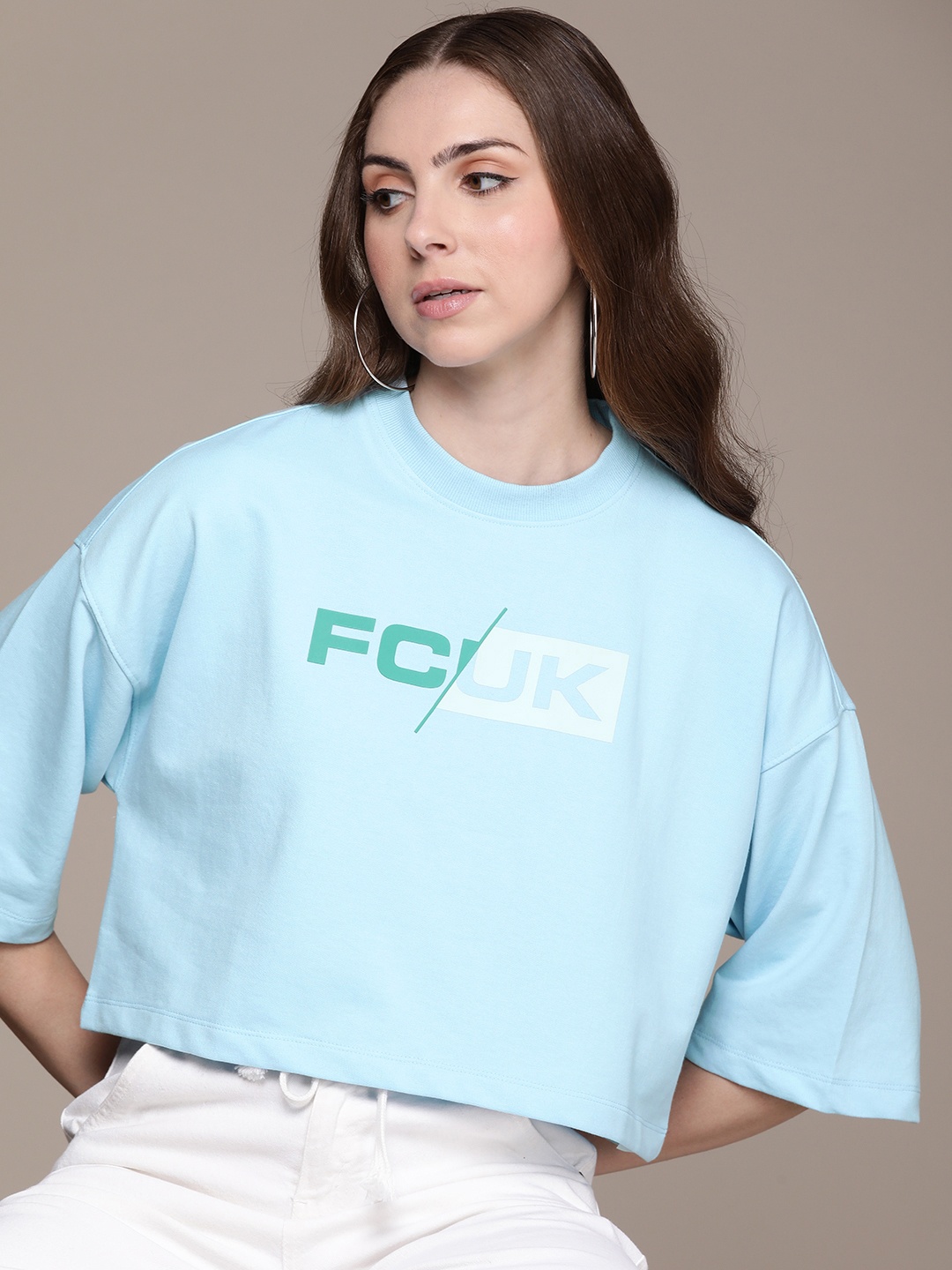 

FCUK Drop Shoulder Printed Crop Sweatshirt, Blue