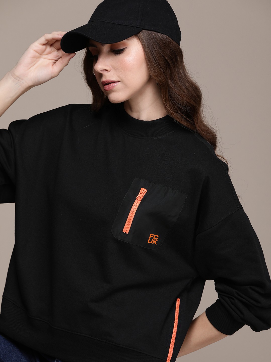 

FCUK Zip Detail Solid Long Sleeves Sweatshirt, Black