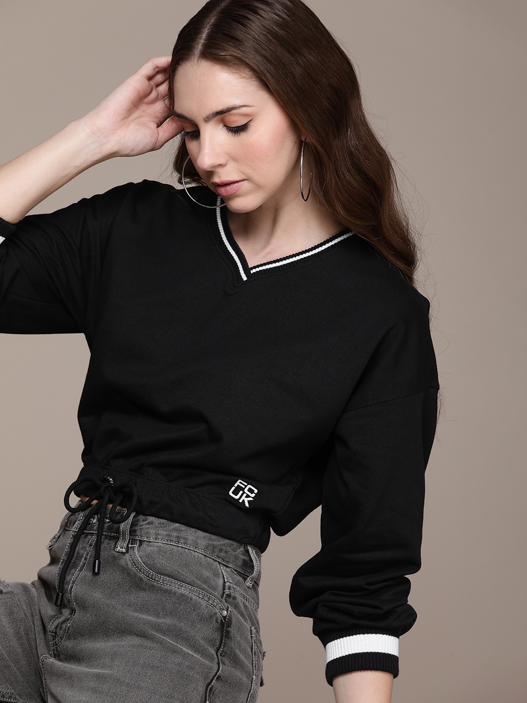 

FCUK Solid V-Neck Long Sleeves Crop Sweatshirt, Black