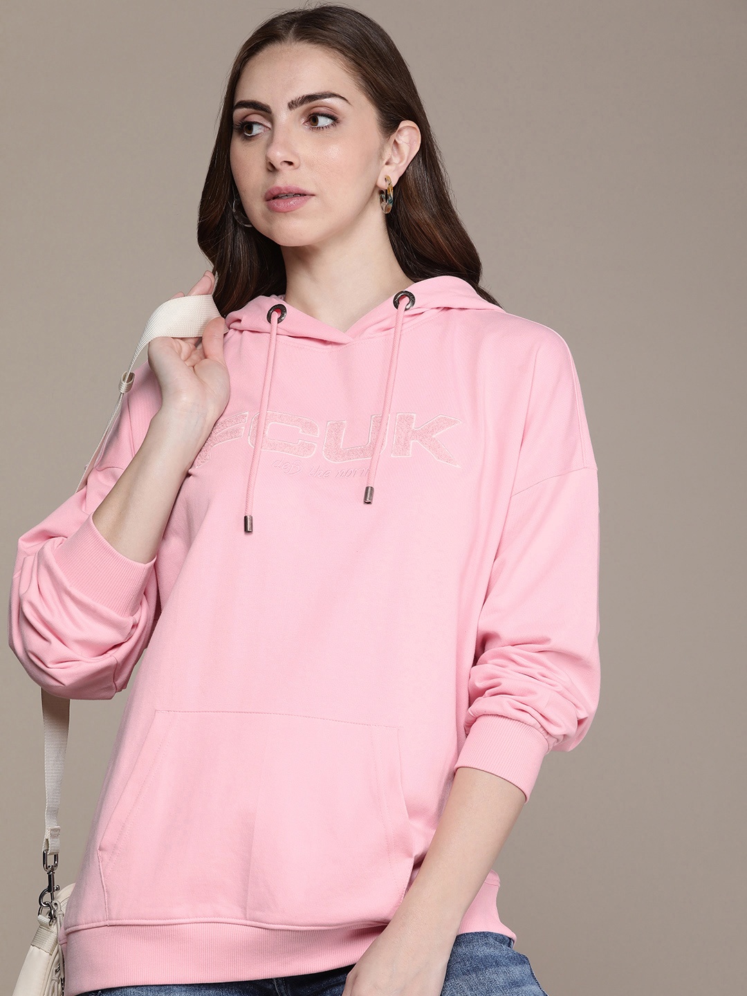 

FCUK Brand Logo Embroidered Hooded Sweatshirt, Pink