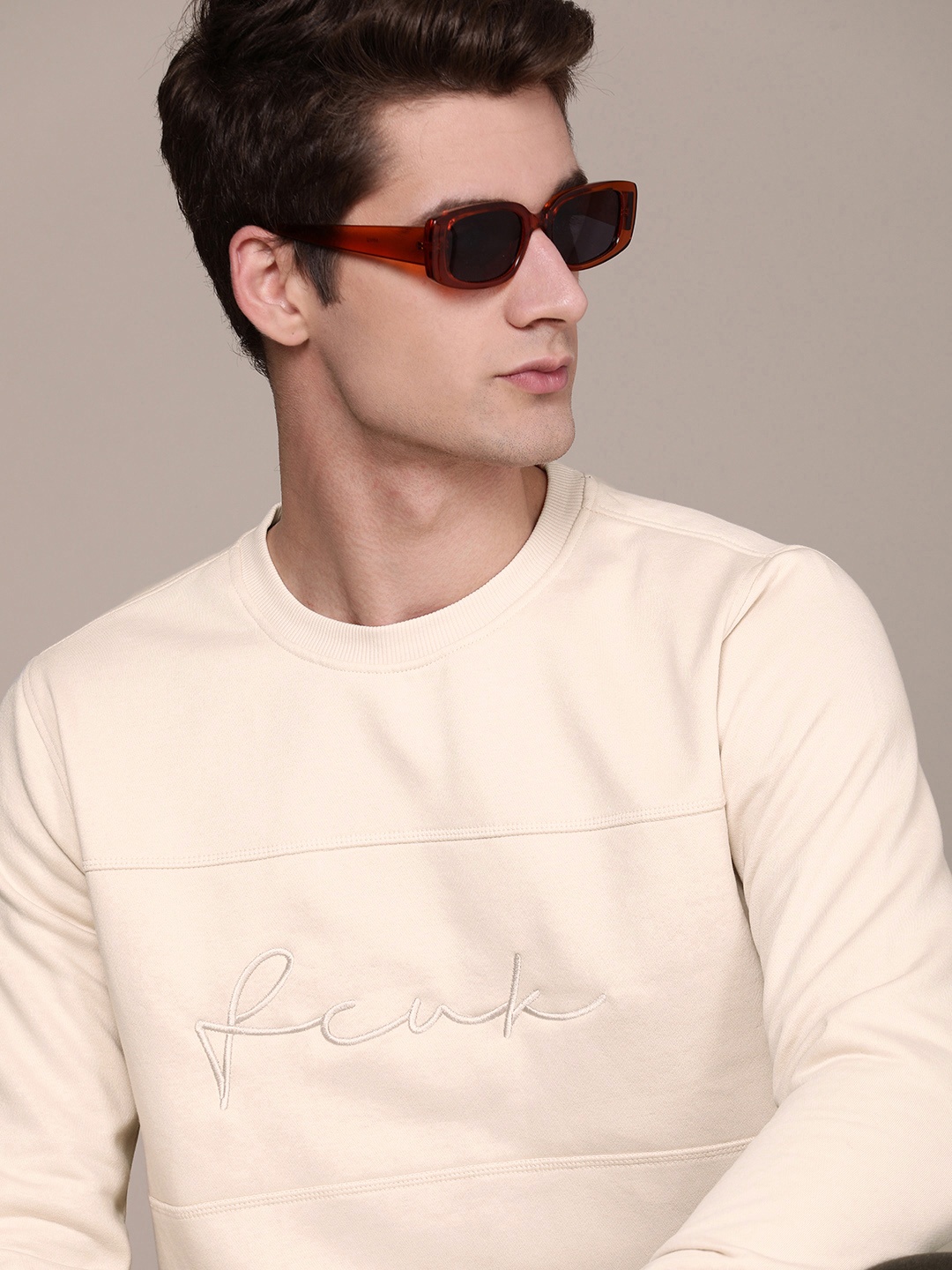 

FCUK Brand Logo Embroidered Pullover Sweatshirt, Beige