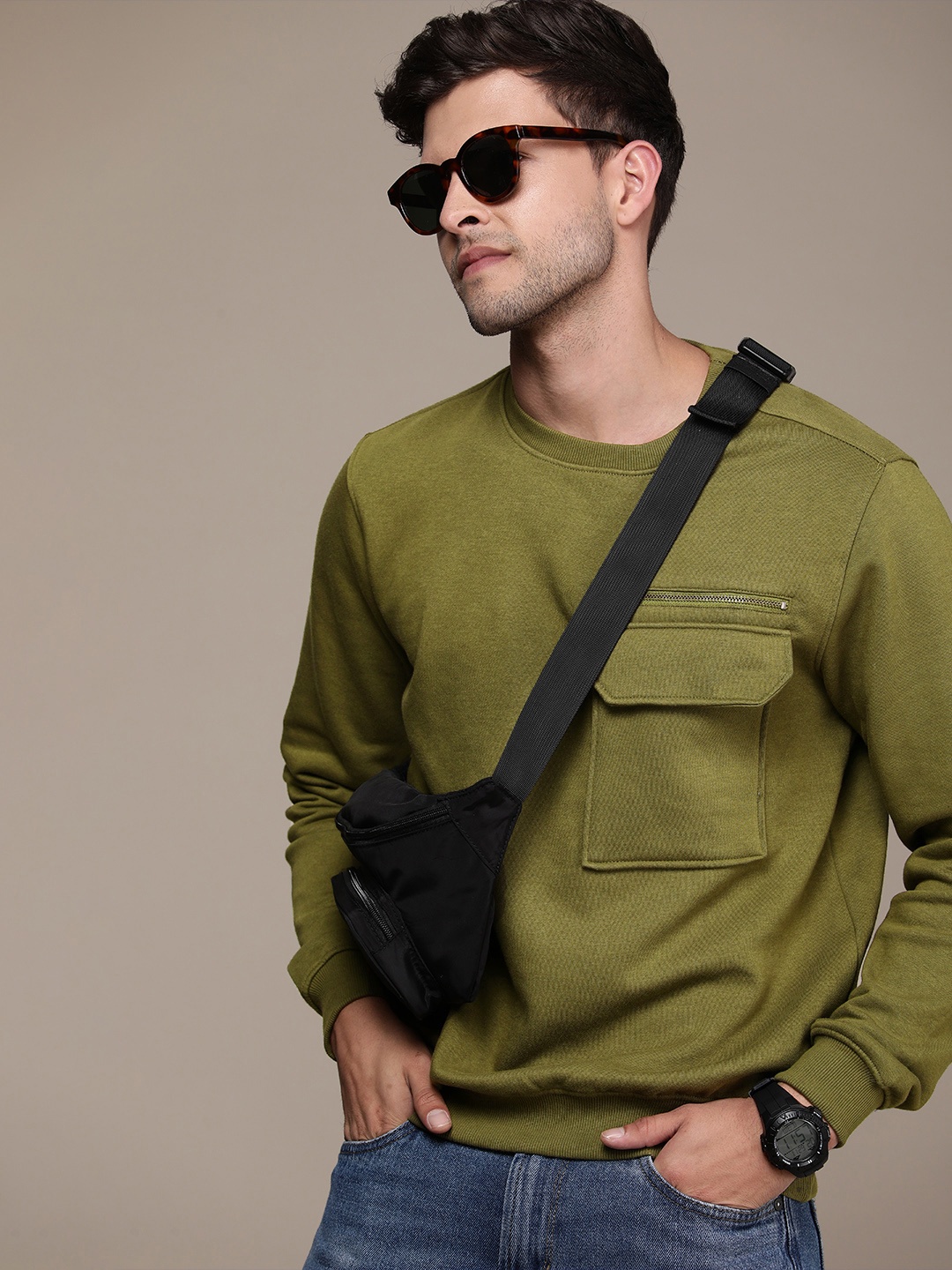 

FCUK Solid Round-Neck Sweatshirt With Pocket Detail, Olive