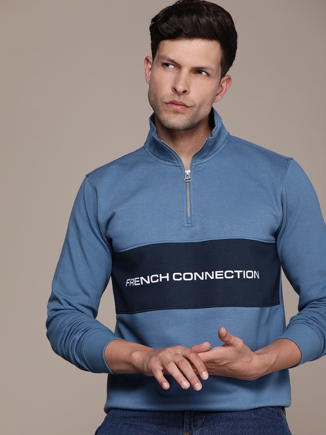 

French Connection Colourblocked Brand Logo Printed Sweatshirt, Blue