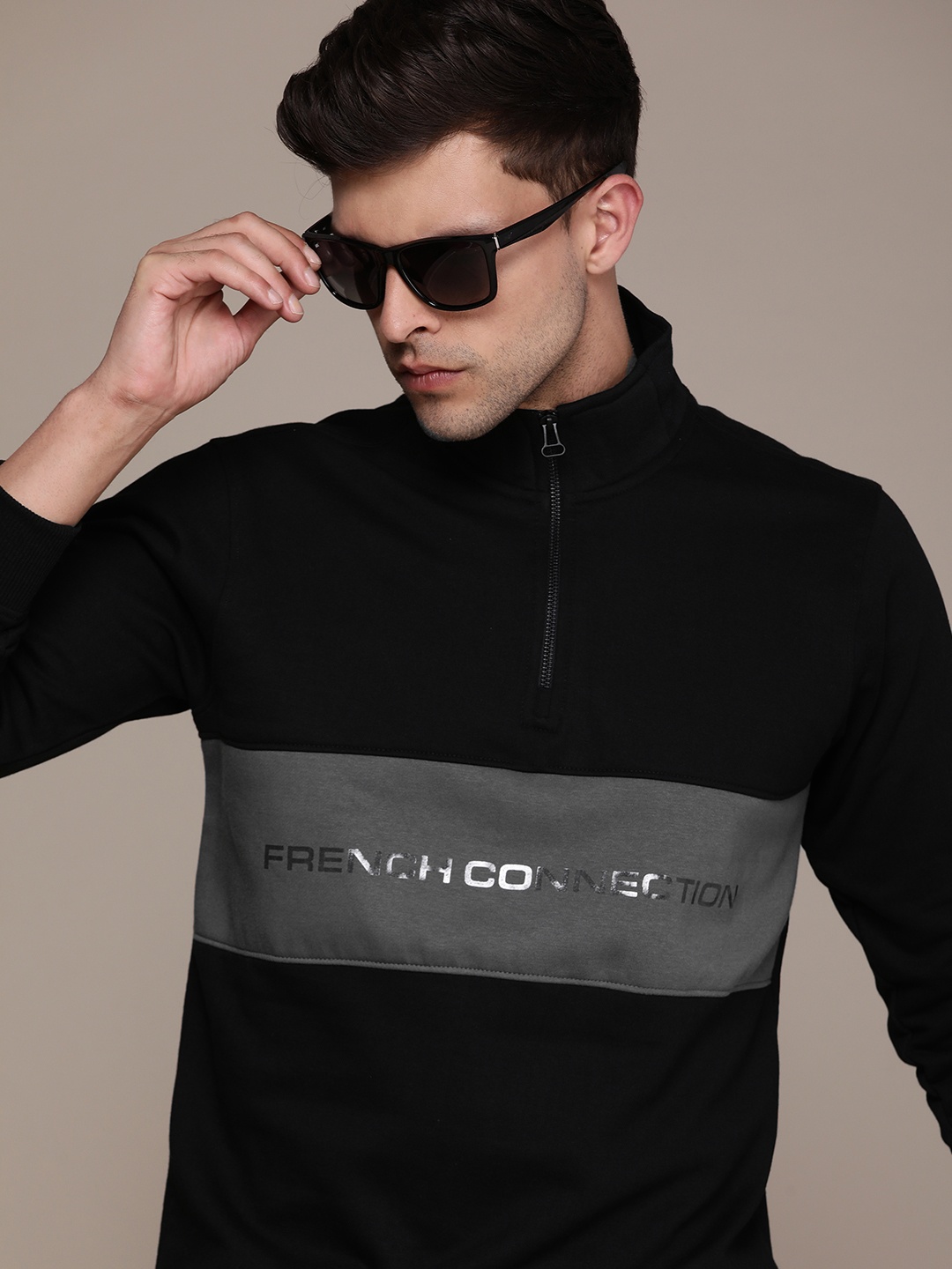 

French Connection Colourblocked Brand Logo Printed Sweatshirt, Black