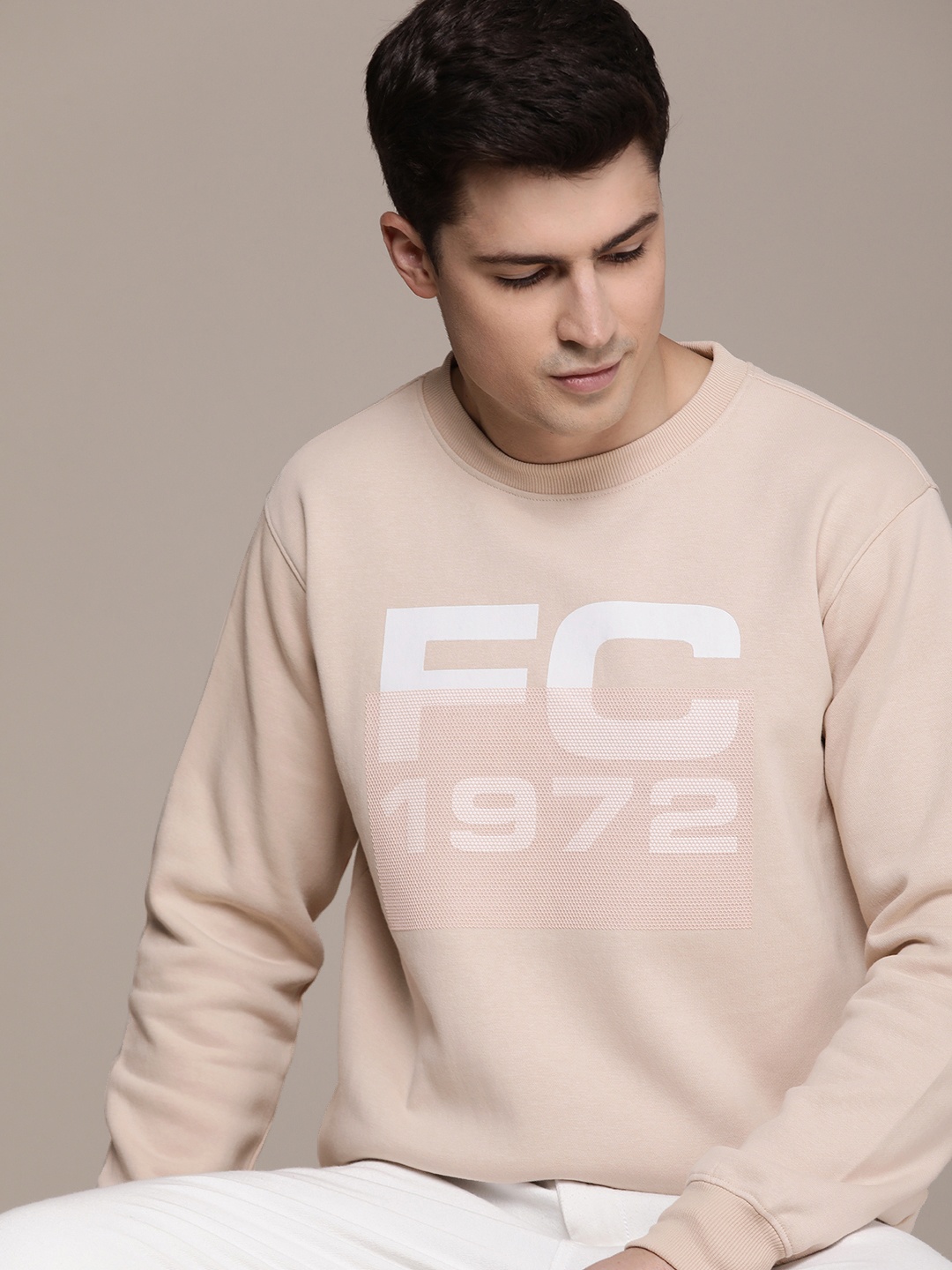 

French Connection Brand Logo Printed Pullover Sweatshirt, Camel brown