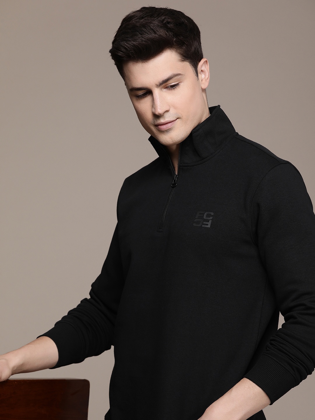 

French Connection Solid Long Sleeves Half Zipper Sweatshirt, Black