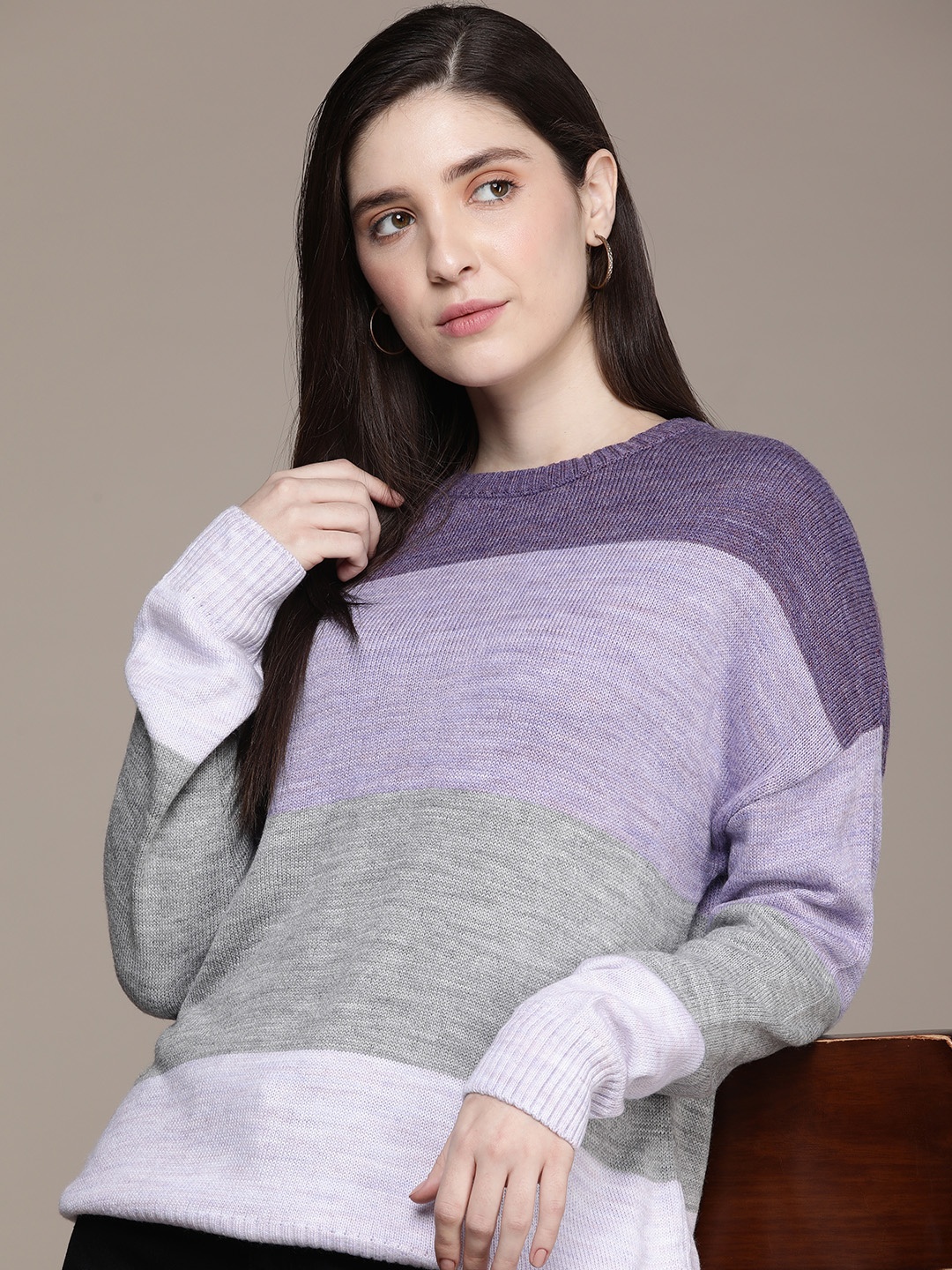 

French Connection Self-Design Colourblocked Pullover, Purple