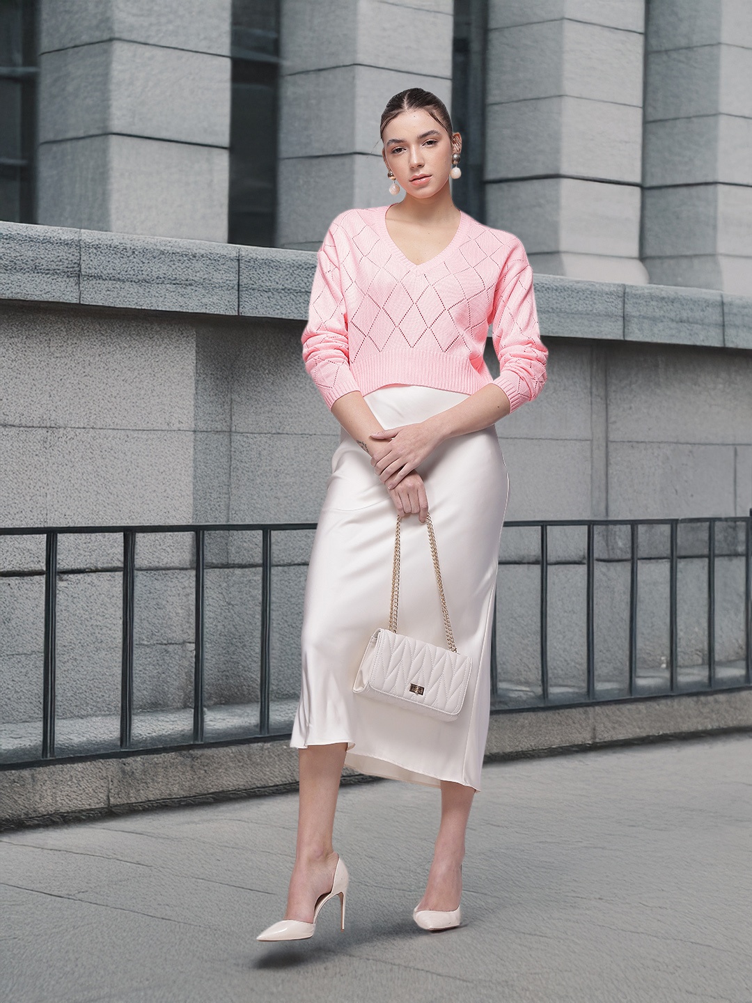 

French Connection Self-Design Cropped Pullover, Pink