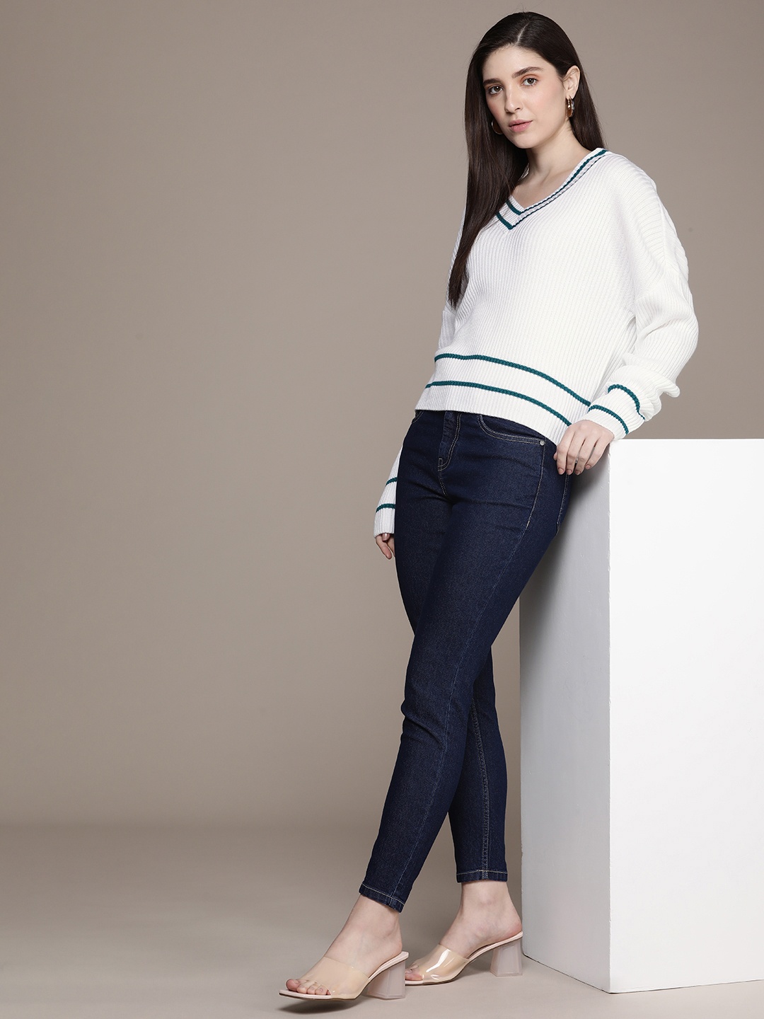 

French Connection V-Neck Self-Design Pullover, White
