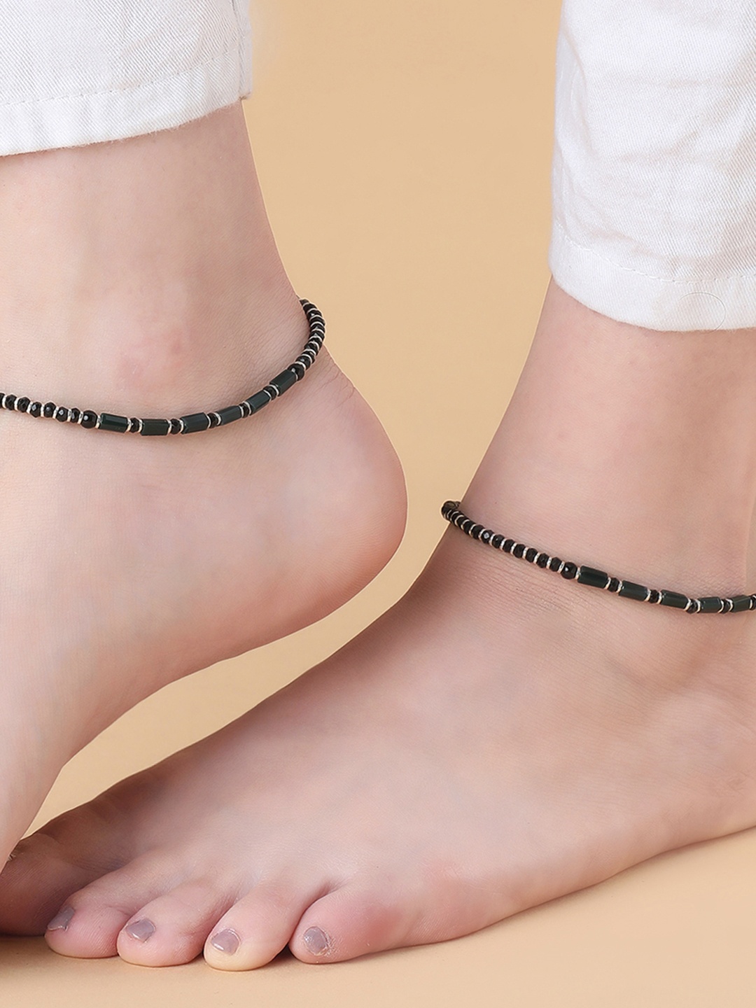 

Zavya Women Set of 2 Silver-Plated Beaded 925 Sterling Silver Anklet, Black