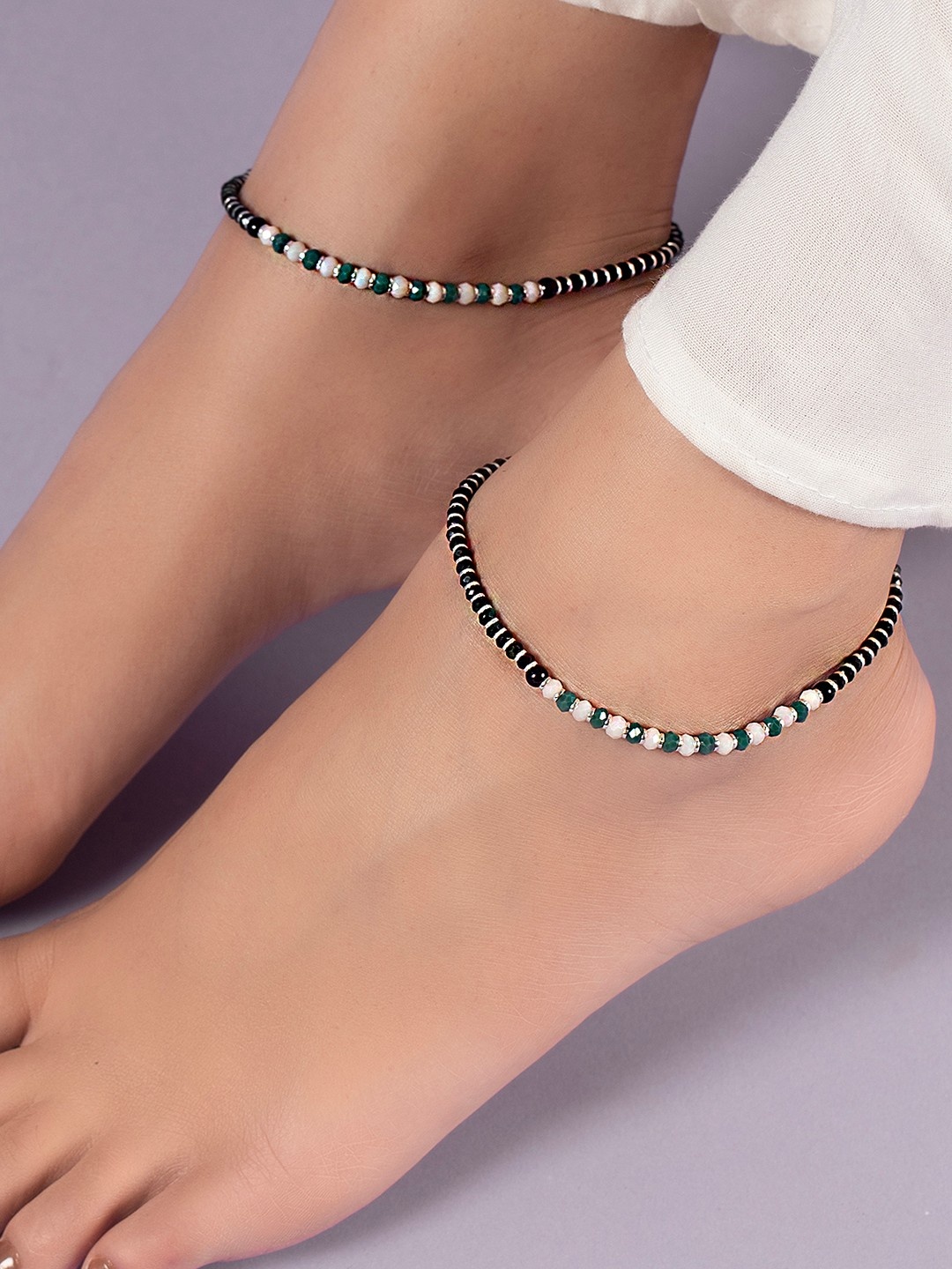 

Zavya Women Set of 2 Beaded 925 Sterling Silver Anklet, Black