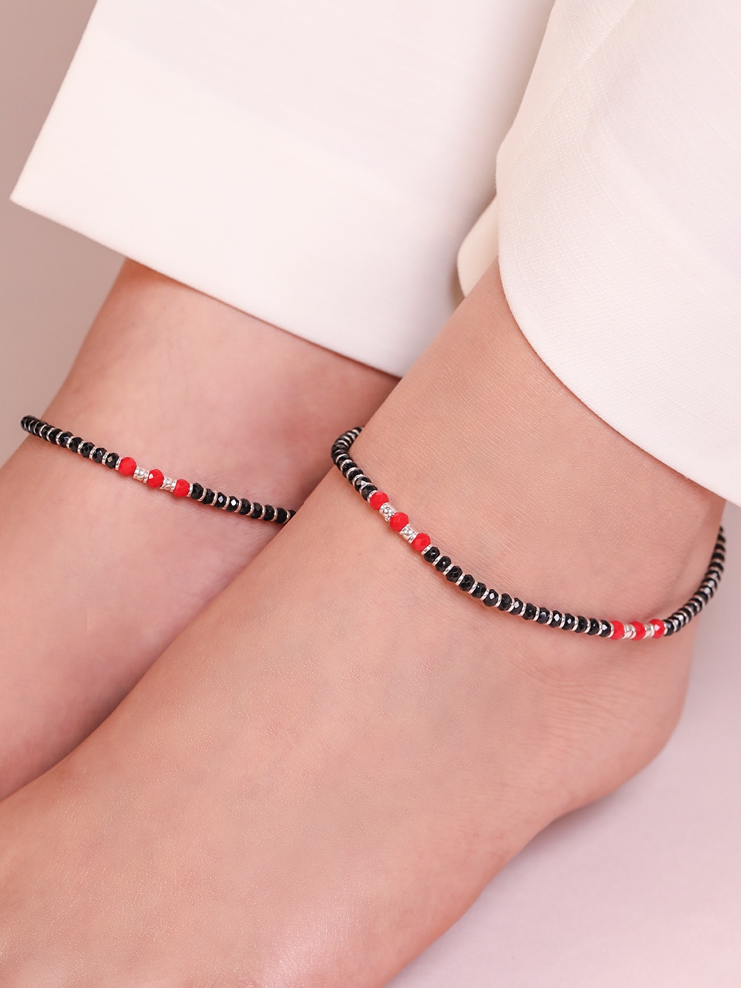 

Zavya Women Set of 2 Beaded 925 Sterling Silver Anklet, Black