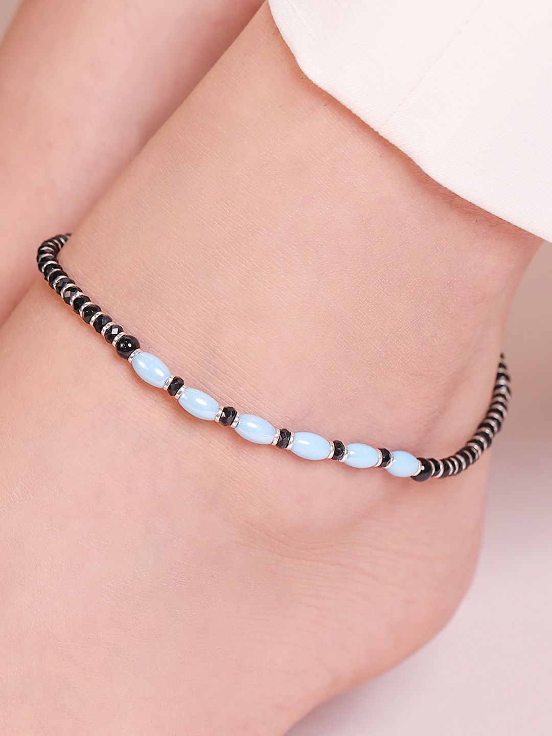

Zavya Women Rhodium-Plated 925 Sterling Silver Beaded Anklet, Turquoise blue