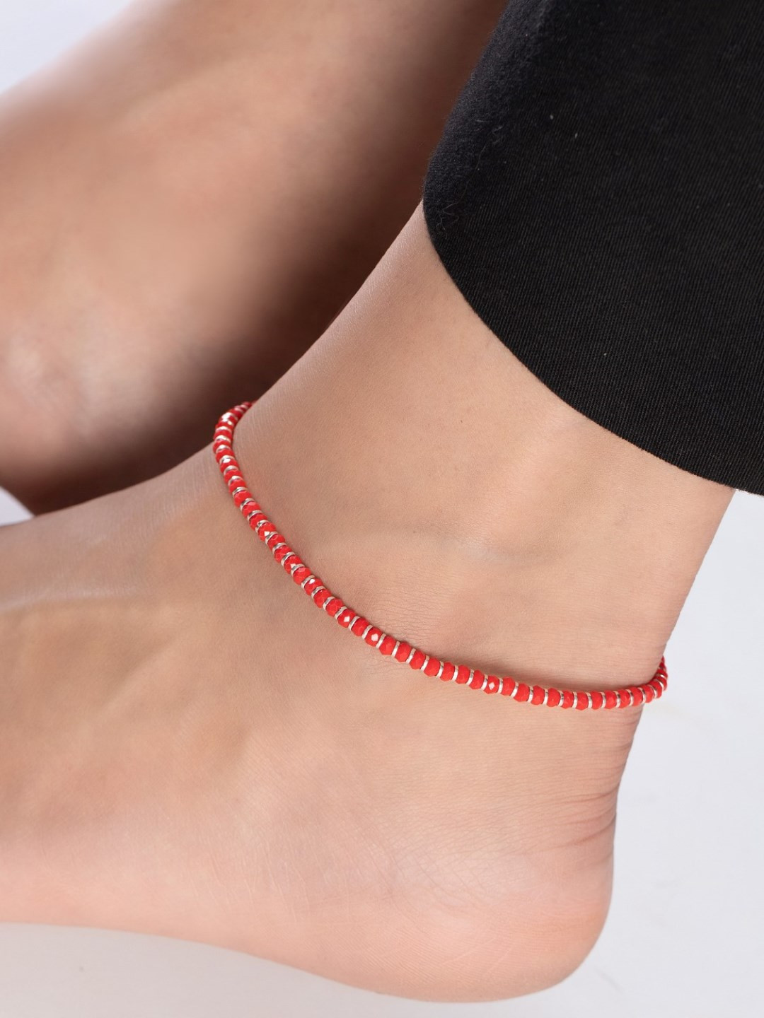 

Zavya Women Rhodium-Plated 925 Sterling Silver Beaded Anklet, Red