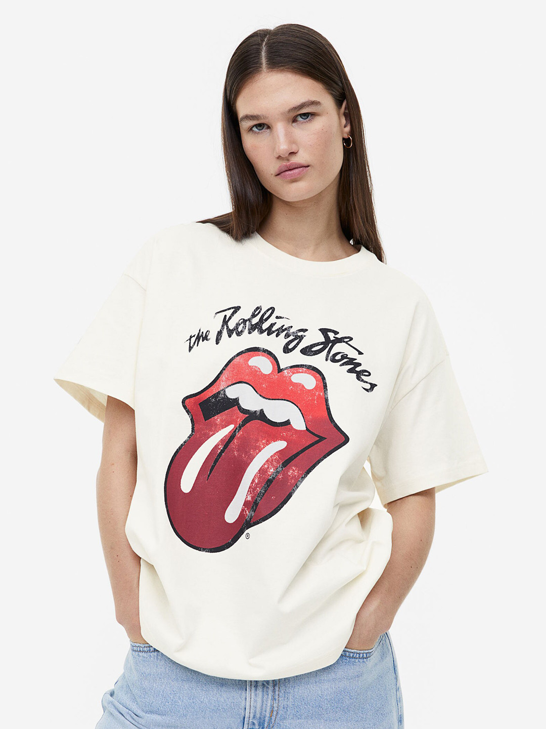 

H&M Oversized Printed Pure Cotton T-Shirt, Beige