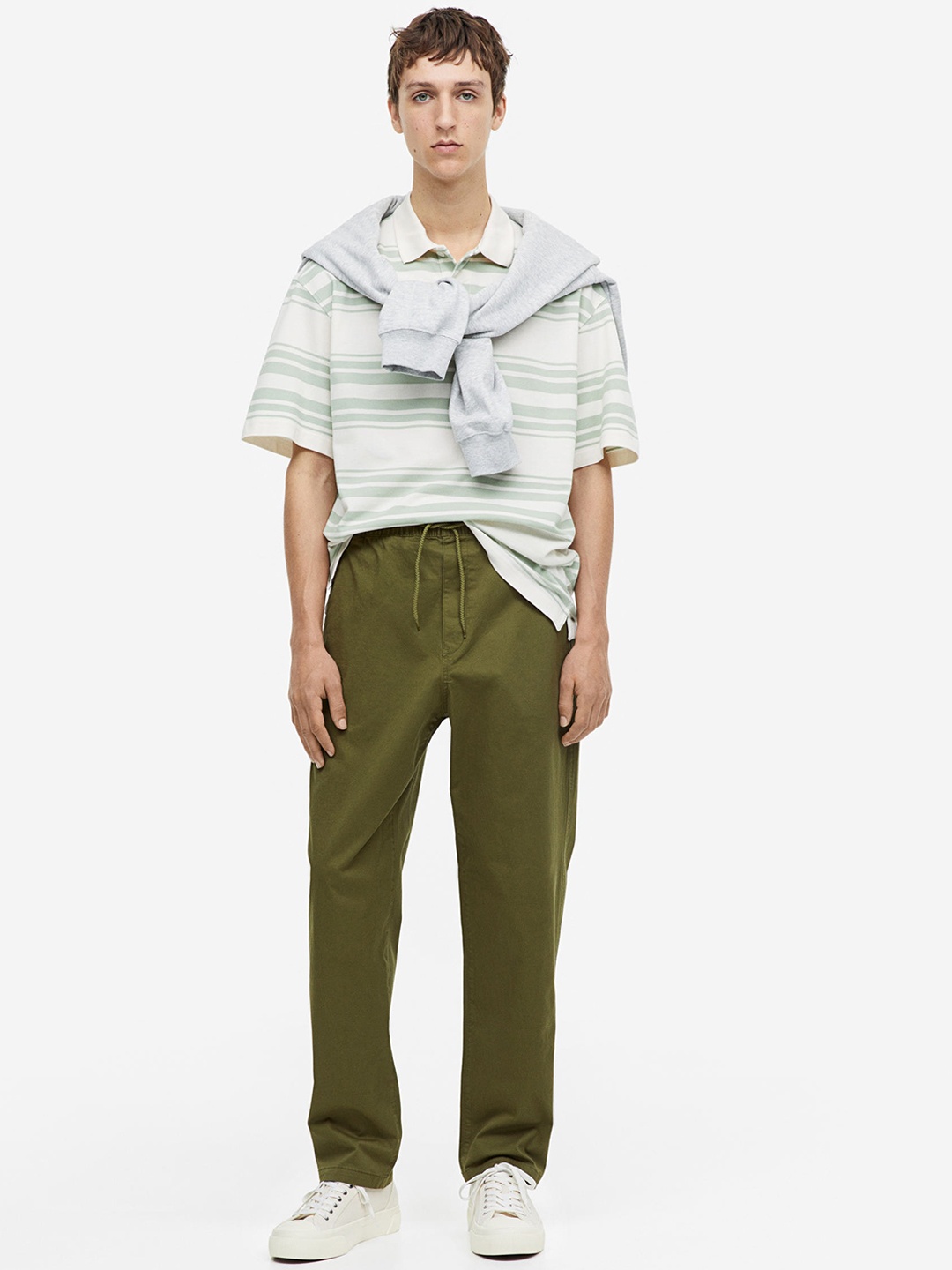 

H&M Relaxed Fit Twill Pull-On Trousers, Green