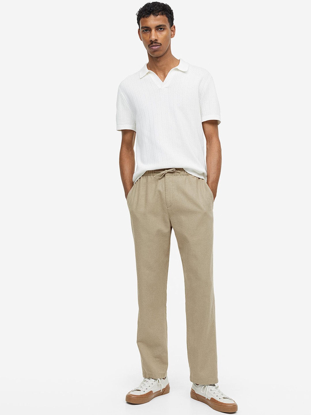 

H&M Regular Fit Linen-Blend Trousers, Beige